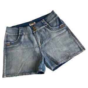 No Fuze Womens Blue Faded High Rise Embellished Button Denim Jean Shorts Size 18